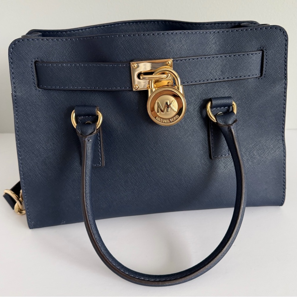 Michael Kors Hamilton Navy Saffiano Leather Satchel Gold Hardware 13x9